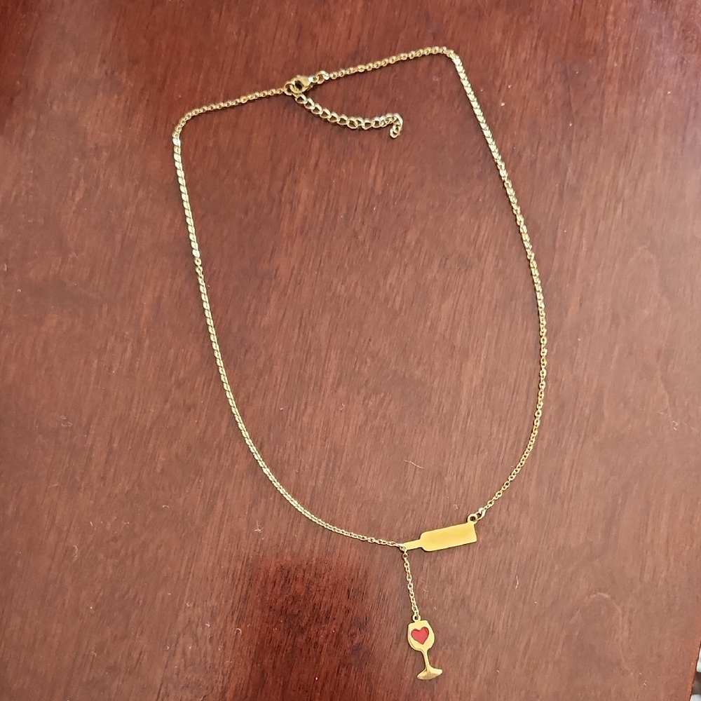 Gold Tone Adjustable Chain With Wine Bottle And Wine Glass Pendant